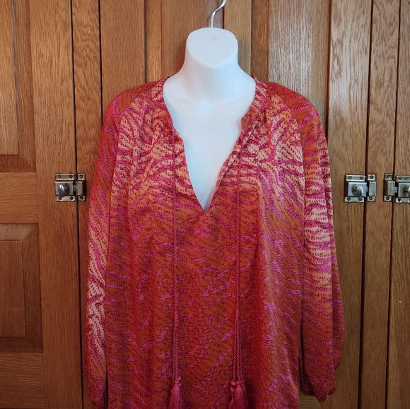 H&M Conscious Collection coral & pink satin animal print puff sleeve tunic top - Picture 2 of 11